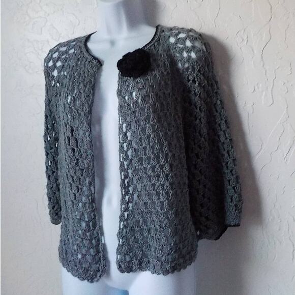 Handmade Crochet Boho Cardigan Fits Medium Gray Metallic Knit and Black Rose - Picture 1 of 7